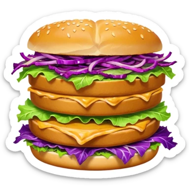 Spicy stacked chicken sandwich — two thick golden toast slices, a crispy breaded chicken fillet, green lettuce, and purple cabbage slaw, with glossy dark sauce dripping down the sides. sticker