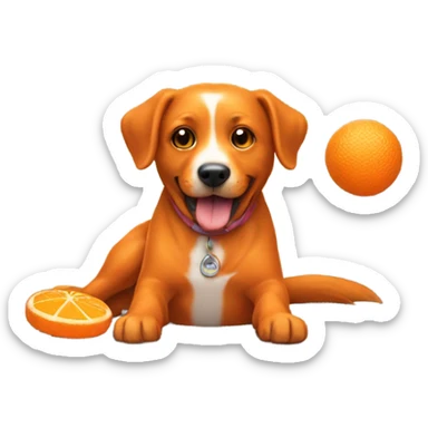 A orange dog playing with dog toy sticker