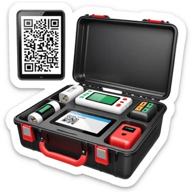 An open black hard-shell test case. inside: technical control handy, a power outlet, USB port, and colored test sockets. A large roll of white test labels with qrcode lies next to the equipment, along with one red test probe. sticker