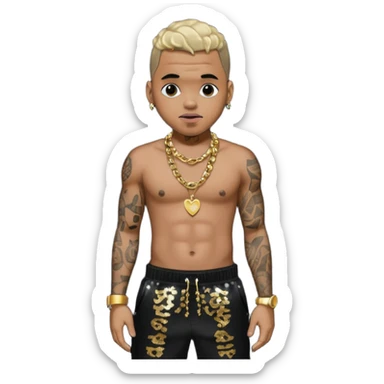 Chris Brown with black sequin baggy pants, shirtless with necklace sticker