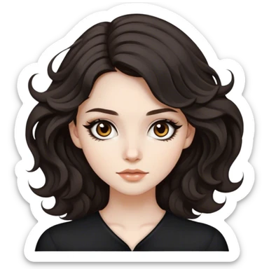 Beautiful girl,Black/dark brown hair, blown out wavy hair, medium/long hair, brown eyes, pale, winged eyeliner sticker