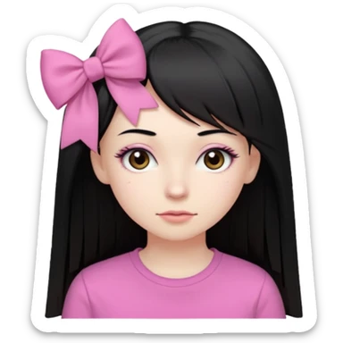 девушка с бледной кожей у неё длиные прямые черные волосы и челка прямая длинная ниже бровей глаза коричневого цвета худая у неё длиные ресницы одета в розовую футболку и на влосах слева бантих sticker