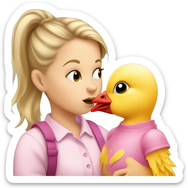 Small white girl with dirty blonde hair in a pony tail and pink shirt kissing a baby chicken  sticker