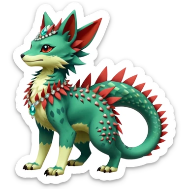 Kawaii cute greenish reddish colorful warm-colored exotic tropical beautiful pretty elegant divine edgy feline-vernid-sergal-Fakémon-Pokémon-fursona-animal-creature with accessories, jewelries, full body, with intricate detailed markings, spikes, crystals, fins, scales, spiny, feathered, headdress sticker