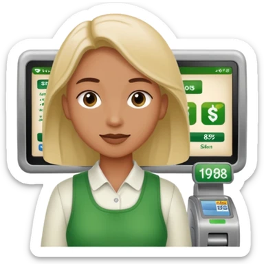 Eine Person die an der Supermarktkasse steht. Die Kasse ist gekennzeichnet als "Plauderkasse" und im grünen Design. sticker