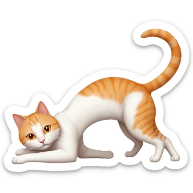 ginger and white cat with orange eyes doing a big extremely long stretch reaching up into the air with arms and legs side by side together straight and overextended whilst lying on its side sticker