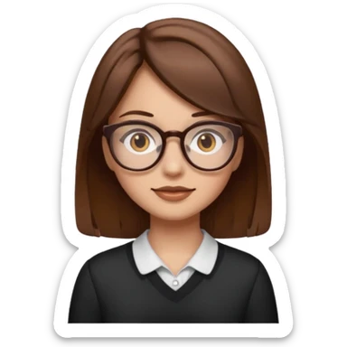 girl with brown hair and brown eyes, wearing glasses, emoji style sticker