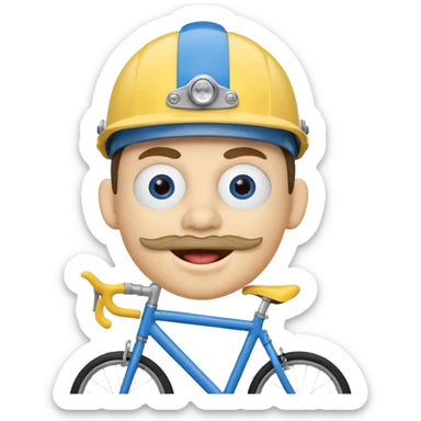 A round head puppet with 2 buck teeth a blue bike helmet and a round nose with a pencil in it also he has a unibrow and blue eyes and a yellow shirt that says jeffy sticker