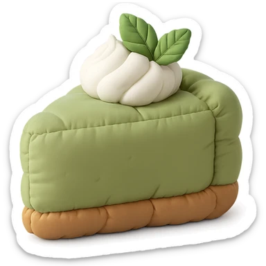 3D cushion style cheesecake slice, matcha green tea flavor, plush and soft, topped with whipped cream and a mint leaf sticker