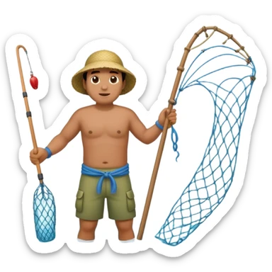 A Polynesian fisherman standing in the water fishing with a large net sticker
