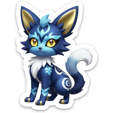Shiny mExotic Badass Colorfulj Ethereal Royal Mysterious Gothic Meowstic-Zorua-Litten-Noibat-Pokémon-Fakémon-hybrid-creature (full body) with pattern-markings with golden eyes sticker