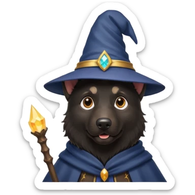 all black german shepherd face wearing a wizard hat and staff and magic emmiting from him sticker