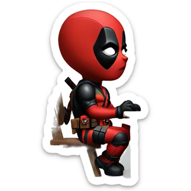 Cute Deadpool sitting at a desk, front view sticker