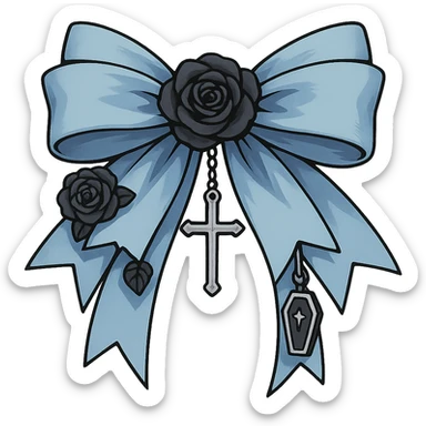 Create a pastel blue gothic bow with layered ribbons, cross pendant, black rose accents, and a tiny coffin charm. The image should have no background and be in a general style. sticker