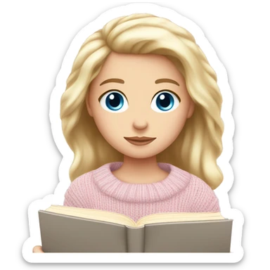 Pretty blue eyed white girl with light pink sweater reading cozy sticker