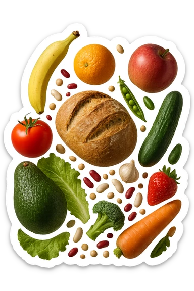 FRUTTA, PANE, LEGUMI E VERDURE CRUDE FLUTTUANO IN ARIA, IPERREALISTICA 4K sticker