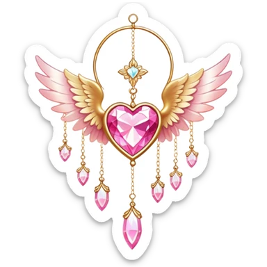 Reddish-pinkish and golden warm-colored romantic lush beautiful pretty hanging crystal-catcher aesthetic with hearts and sparkles and and white angel wings sticker