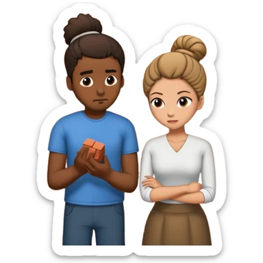 Black guy building brick wall from heartbroken tan lady with hair in bun sticker