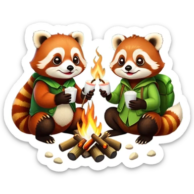 red panda and frog toasting marshmallows over a campfire sticker