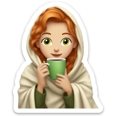 Girl with blondish red hair and green eyes sipping coffee in a cozy blanket sticker