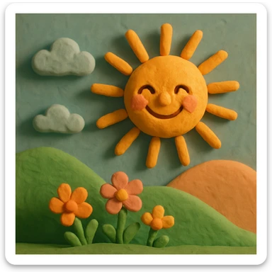 a smiling sun with rays, claymation style sticker