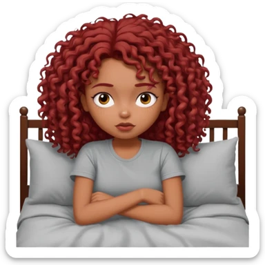 generate a pretty bratz brown skinned girl curly dark red hair, tired in bed in a grey tshirt bored. sticker