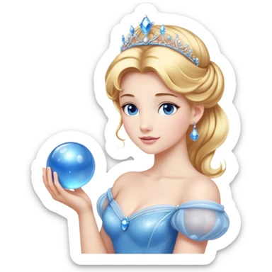 Cinematic Stunning Cinderella Portrait Emoji, Radiant in her sparkling blue ball gown, golden hair in a perfect updo, soft blue eyes full of wonder, glistening tiara, glowing with an ethereal beauty, regal yet kind, a dreamlike aura surrounds her, capturing the essence of a fairy tale princess, elegant and breathtaking! sticker