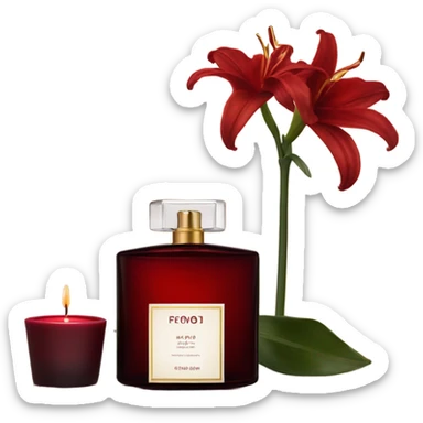 Dark red luxury perfume bottle with red lilies and a dark red candle sticker