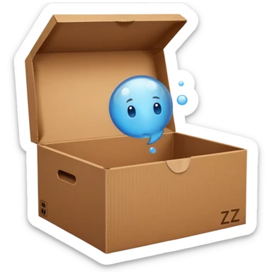emoji of sleeping box, box is brown colored, open and empty, with a tiny Zzz bubble sticker
