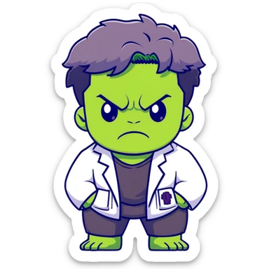 Chibi Bruce Banner transforming into Hulk, showing stages of transformation from nerdy scientist to green monster, cute big head style, adorable expression changing from worried to angry sticker