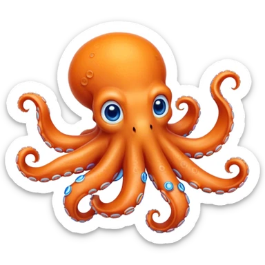 Cinematic Realistic Cute Octopus Portrait Emoji, Head tilted playfully and inquisitively, featuring a gracefully curving, compact body in vibrant orange adorned with delicate blue rings, and a charming, expressive face with round, sparkling eyes full of curious wonder; rendered with lifelike detail and soft natural highlights, high shine, affectionate and enchanting, styled with a touch of whimsical ocean magic, soft glowing outline, capturing the essence of a mischievous yet lovable octopus that seems poised to slither playfully into your arms! sticker