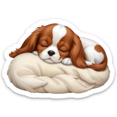 Cinematic cute Sleeping Cavalier King Charles Spaniel Portrait Emoji, cute and serene, with a round, endearing build and a plush, silky coat of rich chestnut and white, eyes gently closed in peaceful slumber, Simplified yet irresistibly endearing features, highly detailed, glowing with a gentle, dreamy glow, high shine, relaxed and content, stylized with a touch of whimsy, bright and heartwarming, soft glowing outline, capturing the essence of a blissfully sleepy companion, so comically serene it feels like it could roll out of the screen and snore with adorable charm! sticker