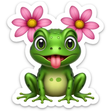 A frog with flowers, all around it sticking out its tongue like a dog sticker