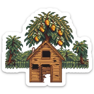 A simple light brown wooden house from a barrio with a mango tree in the foreground sticker