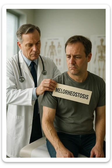 A realistic, cinematic illustration set in a bright, modern medical office. A middle-aged doctor in a white lab coat with a serious expression is shown gently placing a large paper label on the shoulder of a male patient sitting on the examination table. The label has the word 'Melorheostosis' written on it, symbolizing the act of labeling the patient with his rare bone condition. The patient looks confused and slightly disheartened, wearing a simple t-shirt with part of his arm exposed, showing subtle signs of bone thickening or deformation associated with melorheostosis. The background includes medical charts and a softly blurred skeleton model, emphasizing the medical setting. The lighting is bright but neutral, conveying a sterile, clinical atmosphere while focusing on the symbolic moment of receiving a diagnosis label. The mood is introspective and slightly heavy, illustrating the emotional weight of being defined by a rare chronic condition sticker