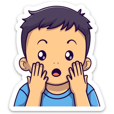 A young boy with both hands pressing on his cheeks, looking amazed or shocked sticker