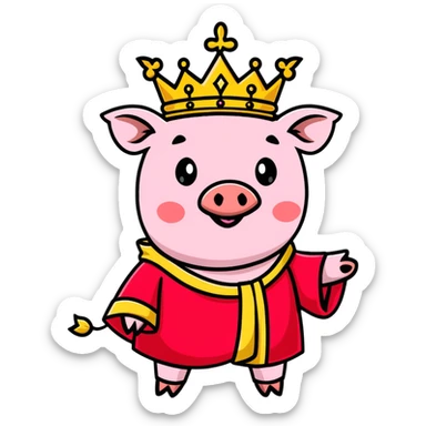 Pink pig wearing a golden crown and royal red robe, Technoblade sticker