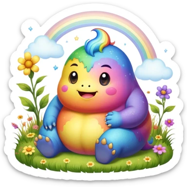 Kawaii derpy fat rainbow monster sitting in a magic field, rich textures, visually detailed, so lifelike that it feels like it could leap off the page at any moment sticker