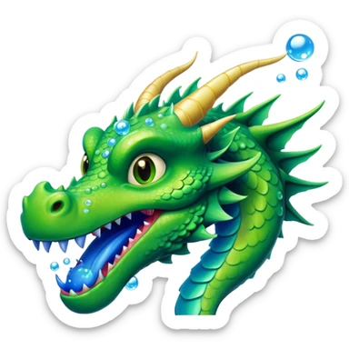 a green dragon with bue teeth breathing bubbles sticker