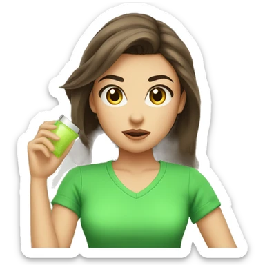 angry face with brunette hair and make it attractive and a girl and with green clothes on and holding skincare products sticker