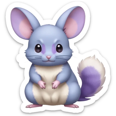 Light-pastel-blue rodent-chinchilla-Minccino-Pokémon-Fakémon-fusion-hybrid-Pokémon-animal-creature, full body with purple-violet-pinkish round cheek markings  sticker