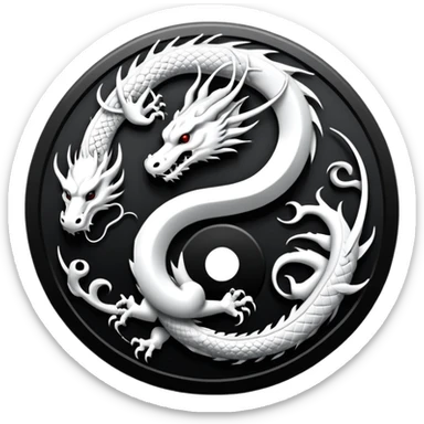 An icon symbolizing Eastern martial arts in the style of an emblem, featuring a black-and-white Yin-Yang symbol and a dragon at the center, surrounded by elements like a dojo. Transparent background highlights balance and power. sticker