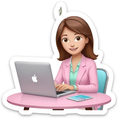  woman character with laptop and coffee relax table, dollars are floating, colorful pastel pink outfit, white laptop, brownn hair, fair skin,  sticker