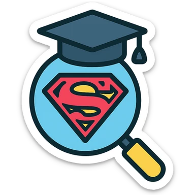 Superman emblem inside a magnifying glass with a college graduation hat on top, minimal color outline icon style sticker