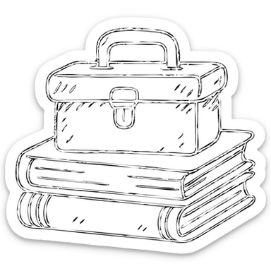 minimalist hand-drawn outlined icon representing Resources with books, toolbox, or stack of files, worn and distressed sticker