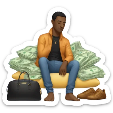 man sleeping on pillow and dreaming about a Porsche, money, birkin bag, credit card and luxury clothing brand bags sticker
