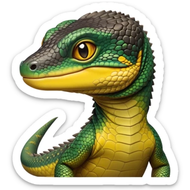 cinematic-realistic-cute-monitor-lizard-portrait-emoji,-head-tilted-playfully-and-inquisitively,-featuring-a-compact,-agile-body-with-finely-detailed,-glossy-scales-in-earthy-black and yellow-hues-and-a-distinct,-alert-face-with-bright,-curious-eyes, black , yellow spotted and green band  scales and a slender neck sticker
