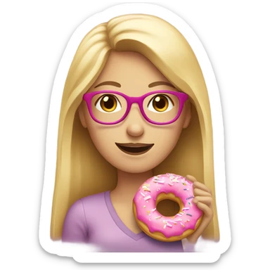 Caucasian women, blonde hair, pink glasses, eating donut sticker