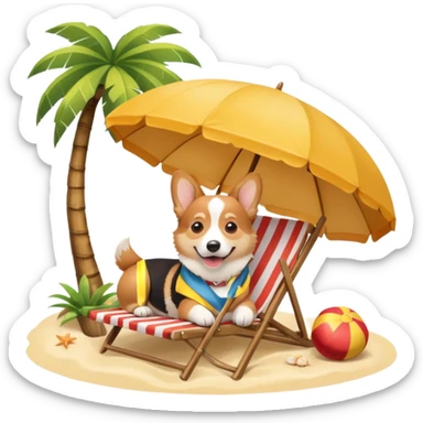 a corgi dog laied on a beach chair, a sunny beach, a sun umbrella, and beach coconut trees. the icon should capture the essence of a relaxing beach vacation with a carefree atmosphere sticker