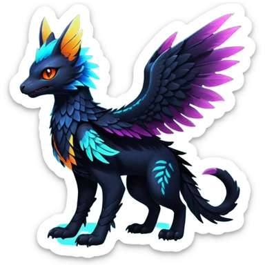 Black Dark Exotic Tropical Beaked Feathery Nocturnal Neon-glowing Abyssal Nightly Abyss-Cat-Gryphon-Salandit-Nargacuga-Silvally-Fakémon Creature (full body) sticker